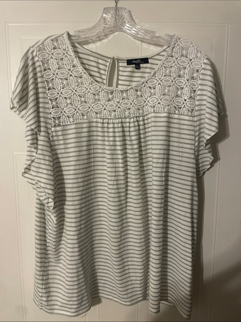 Angels by Forever Young White & Light Gray Striped Lace Yoke Women's Top